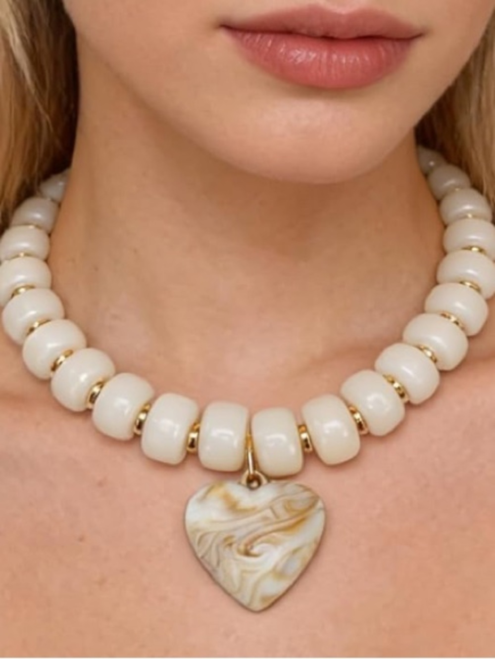 Cream Beaded Necklace with Marbled Heart Pendant